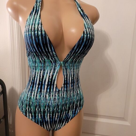 BAR III WOMEN'S PRINTED PLUNGE INDIGO LACE-UP ONE-PIECE SWIMSUIT - Picture 3 of 15